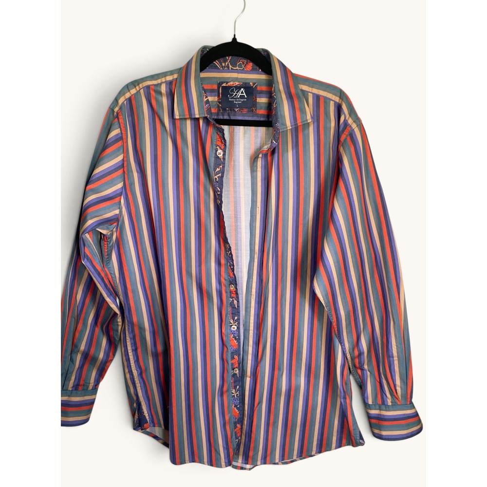Henry Arlington Men's Multicolor Striped Dress Shirt Large Flip Back Floral Cuff